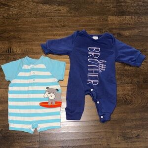 Blue & White Striped Surfing Dog SS Romper & Navy Brother LS Jumpsuit